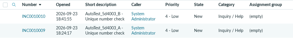 TC-003 result: two new incidents with different numbers in the incident list